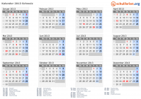 Kalender 2013 mit Ferien und Feiertagen Schweiz