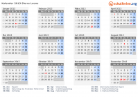 Kalender 2013 mit Ferien und Feiertagen Sierra Leone