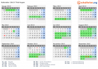 Kalender 2013 mit Ferien und Feiertagen Thüringen