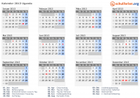 Kalender 2013 mit Ferien und Feiertagen Uganda