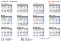 Kalender 2014 mit Ferien und Feiertagen Bangladesch