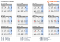 Kalender 2014 mit Ferien und Feiertagen Belgien