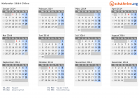 Kalender 2014 mit Ferien und Feiertagen China