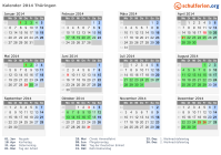 Kalender 2014 mit Ferien und Feiertagen Thüringen