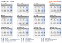 Kalender 2014 mit Ferien und Feiertagen Eritrea