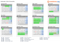 Kalender 2014 mit Ferien und Feiertagen Grenoble