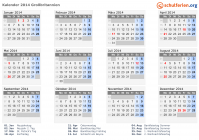 Kalender 2014 mit Ferien und Feiertagen Großbritannien