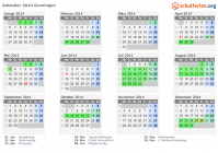 Kalender 2014 mit Ferien und Feiertagen Groningen