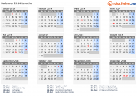 Kalender 2014 mit Ferien und Feiertagen Lesotho