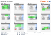 Kalender 2014 mit Ferien und Feiertagen Canterbury