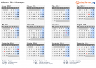 Kalender 2014 mit Ferien und Feiertagen Nicaragua