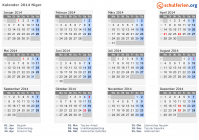 Kalender 2014 mit Ferien und Feiertagen Niger
