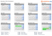 Kalender 2014 mit Ferien und Feiertagen Hordaland