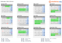 Kalender 2014 mit Ferien und Feiertagen Zürich