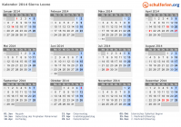 Kalender 2014 mit Ferien und Feiertagen Sierra Leone