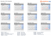 Kalender 2014 mit Ferien und Feiertagen Uganda