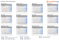 Kalender 2014 mit Ferien und Feiertagen Usbekistan