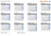 Kalender 2015 mit Ferien und Feiertagen China