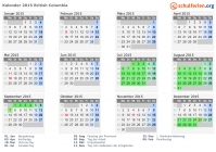 Kalender 2015 mit Ferien und Feiertagen British Columbia