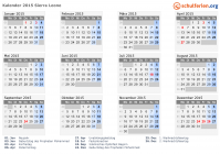 Kalender 2015 mit Ferien und Feiertagen Sierra Leone