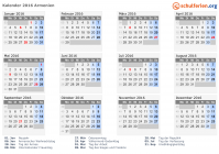 Kalender 2016 mit Ferien und Feiertagen Armenien