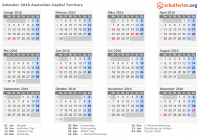 Kalender 2016 mit Ferien und Feiertagen Australisches Hauptstadtterritorium