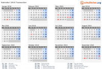 Kalender 2016 mit Ferien und Feiertagen Tasmanien