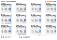 Kalender 2016 mit Ferien und Feiertagen Bangladesch