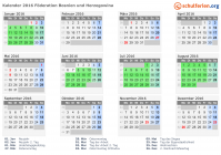Kalender 2016 mit Ferien und Feiertagen Föderation Bosnien und Herzegowina