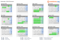 Kalender 2016 mit Ferien und Feiertagen Bremen