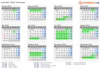 Kalender 2016 mit Ferien und Feiertagen Thüringen