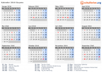 Kalender 2016 mit Ferien und Feiertagen Guyana