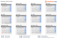 Kalender 2016 mit Ferien und Feiertagen Jemen
