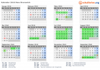 Kalender 2016 mit Ferien und Feiertagen New Brunswick