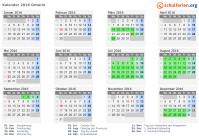 Kalender 2016 mit Ferien und Feiertagen Ontario