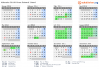 Kalender 2016 mit Ferien und Feiertagen Prince Edward Island