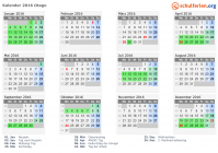 Kalender 2016 mit Ferien und Feiertagen Otago