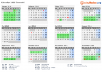 Kalender 2016 mit Ferien und Feiertagen Taranaki