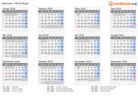 Kalender 2016 mit Ferien und Feiertagen Niger
