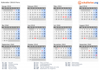 Kalender 2016 mit Ferien und Feiertagen Peru