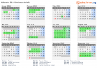 Kalender 2016 mit Ferien und Feiertagen Sachsen-Anhalt