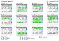 Kalender 2016 mit Ferien und Feiertagen Wallis