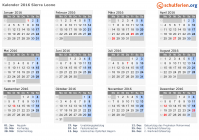 Kalender 2016 mit Ferien und Feiertagen Sierra Leone