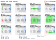 Kalender 2017 mit Ferien und Feiertagen British Columbia