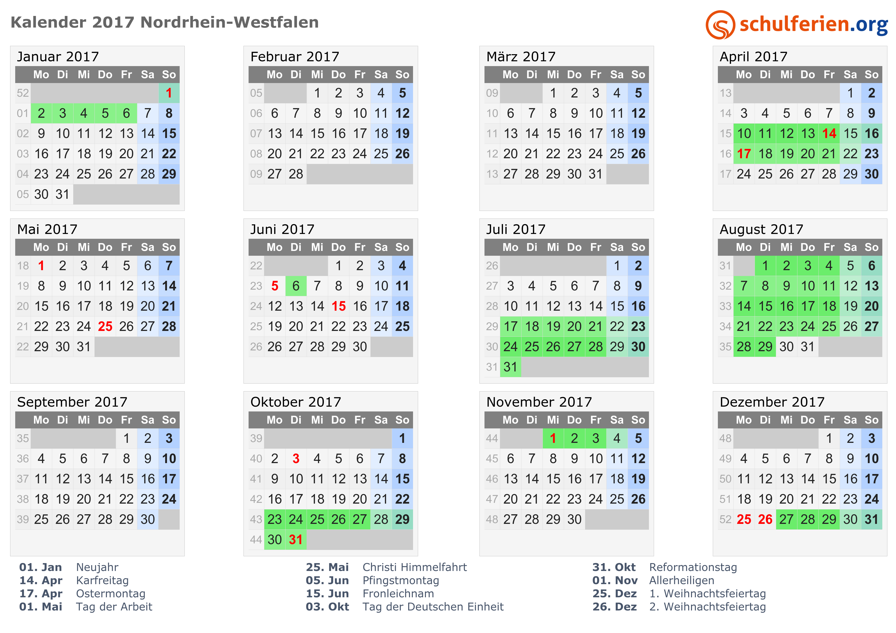 Kalender 20 + Ferien Nordrhein Westfalen, Feiertage