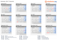 Kalender 2017 mit Ferien und Feiertagen Tansania