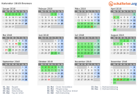 Kalender 2018 mit Ferien und Feiertagen Bremen