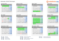 Kalender 2018 mit Ferien und Feiertagen Thüringen