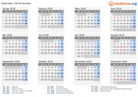 Kalender 2018 mit Ferien und Feiertagen Guinea