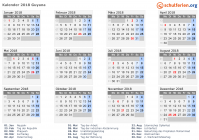 Kalender 2018 mit Ferien und Feiertagen Guyana